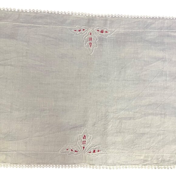 Vintage Linen Table Runner Cream Pink Cutwork Embroidered Floral Lace 45” Used - Picture 5 of 16